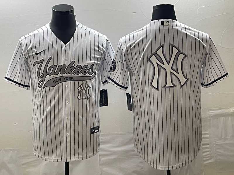 Men%27s New York Yankees Big Logo White Pinstripe Cool Base Stitched Baseball Jersey